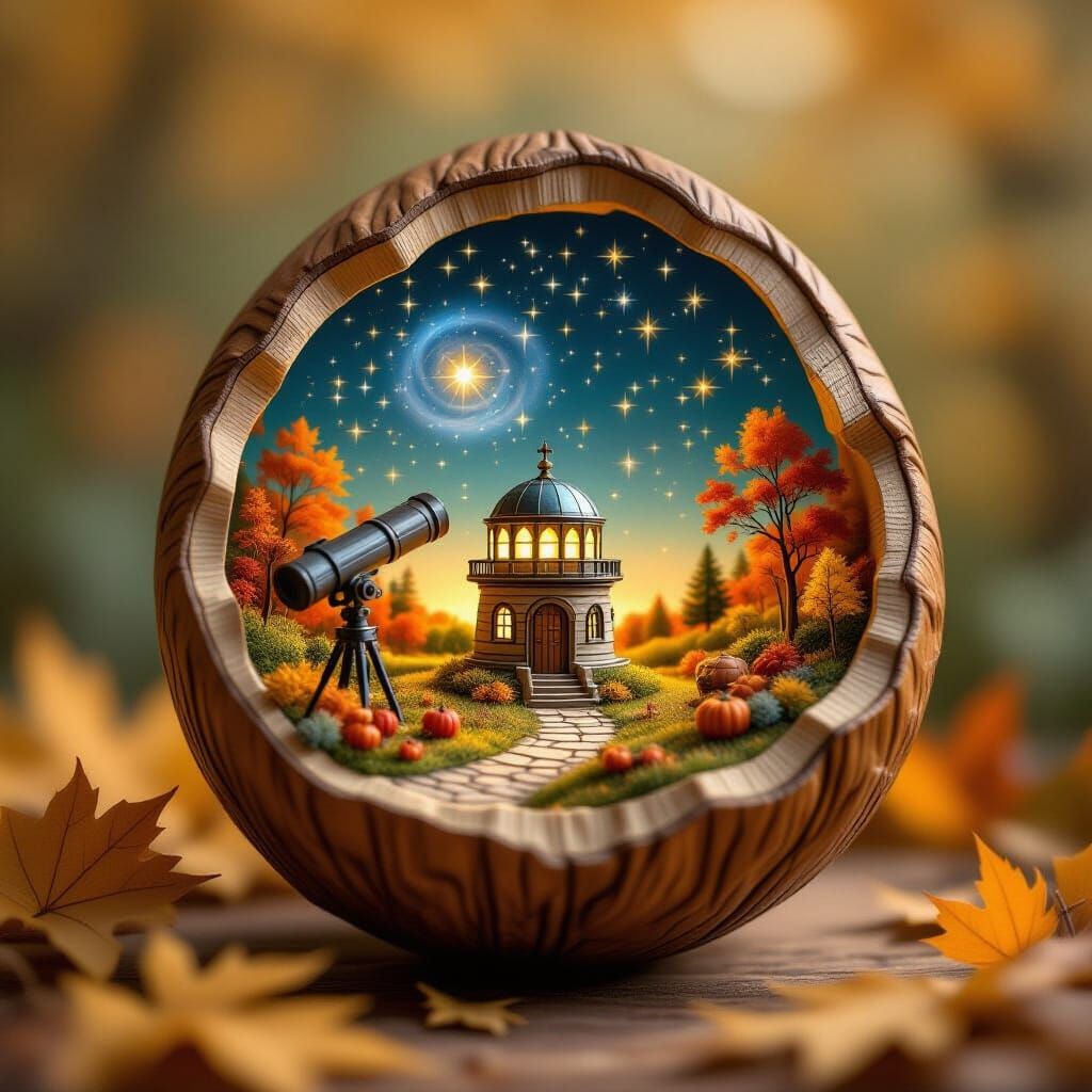 Miniature Autumn Observatory in Acorn, Whimsical Illustratio...