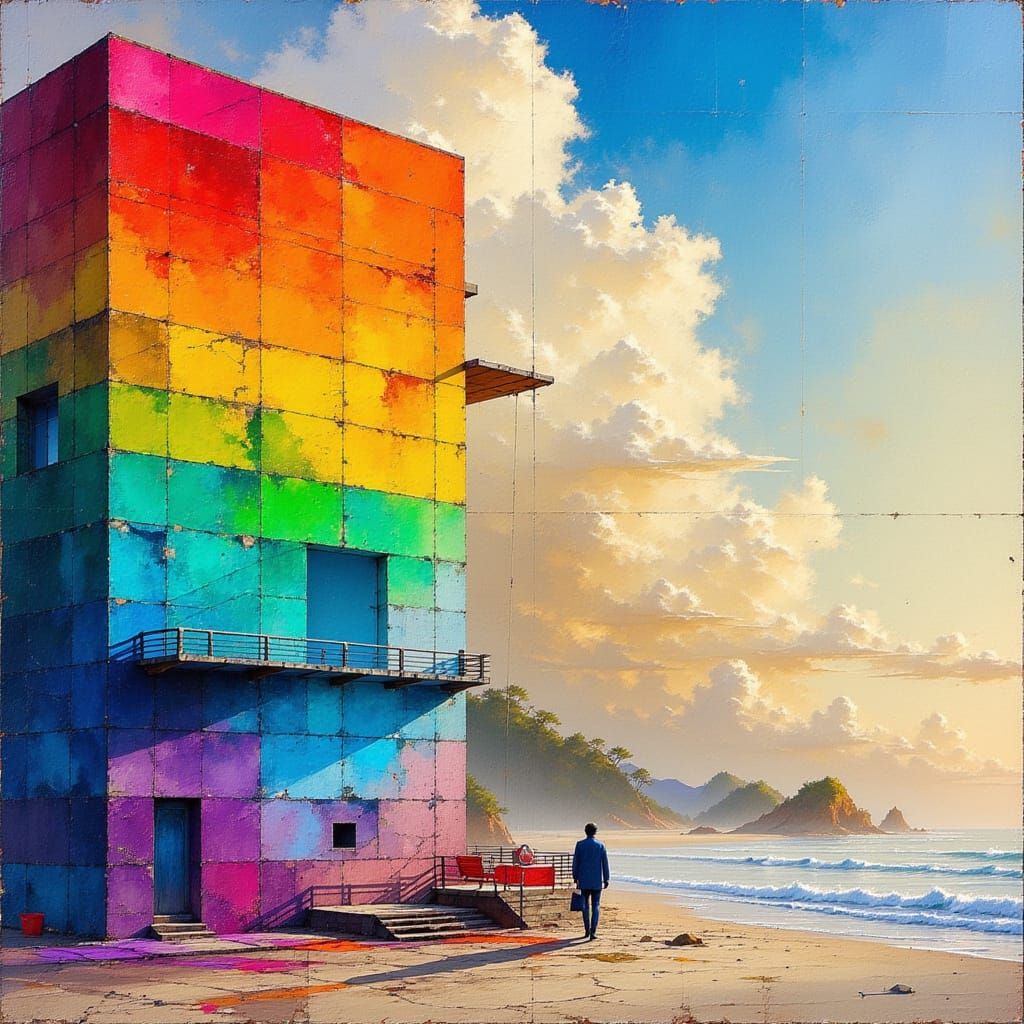 Beach Mural with Rainbow Sky in Alcohol Ink Style