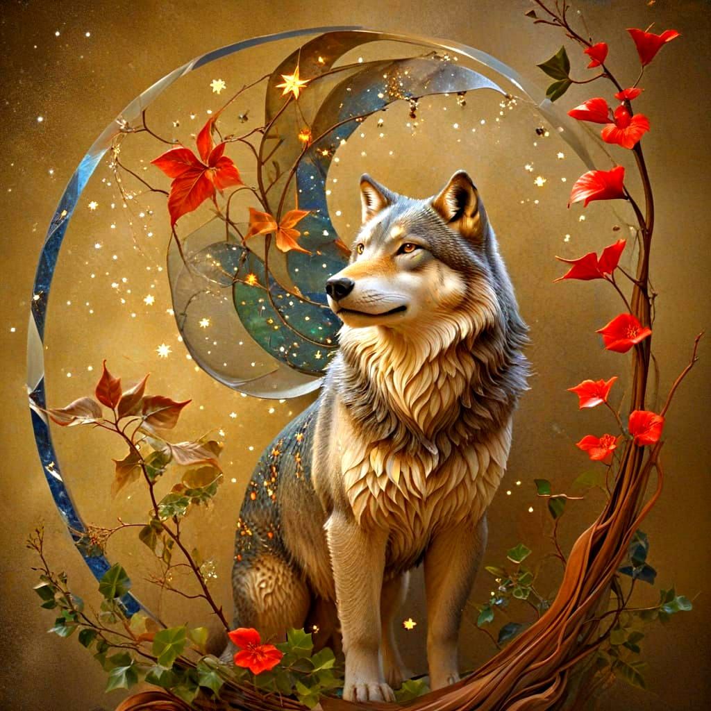 Mongolian Wolf in Vibrant Starry Night