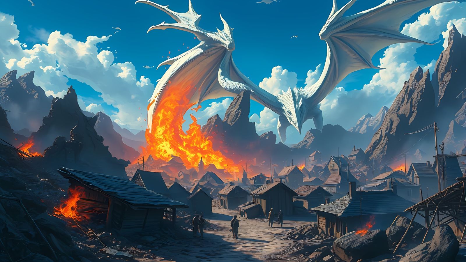 Dark Fantasy Mining Town Amidst White Dragon Devastation, An...