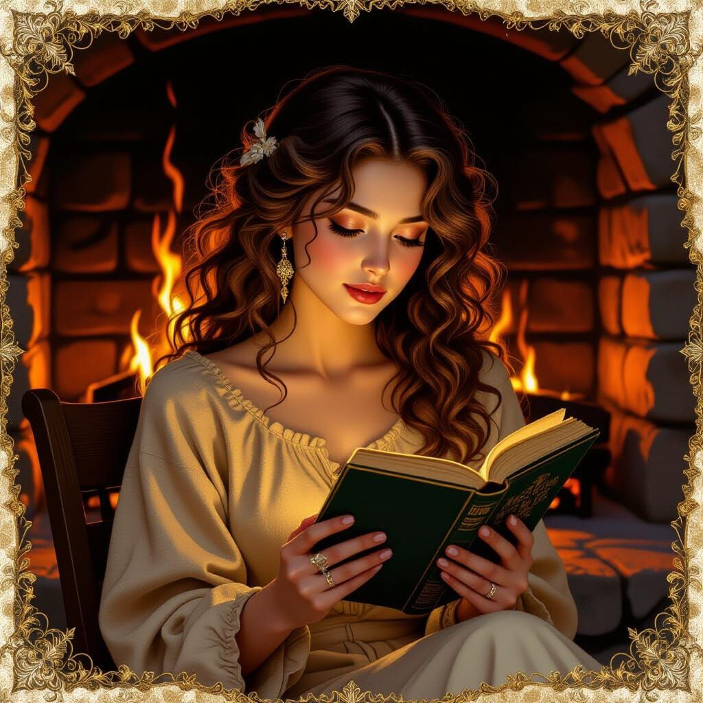 Captivating Woman Reading by Fireplace: Art Nouveau Style