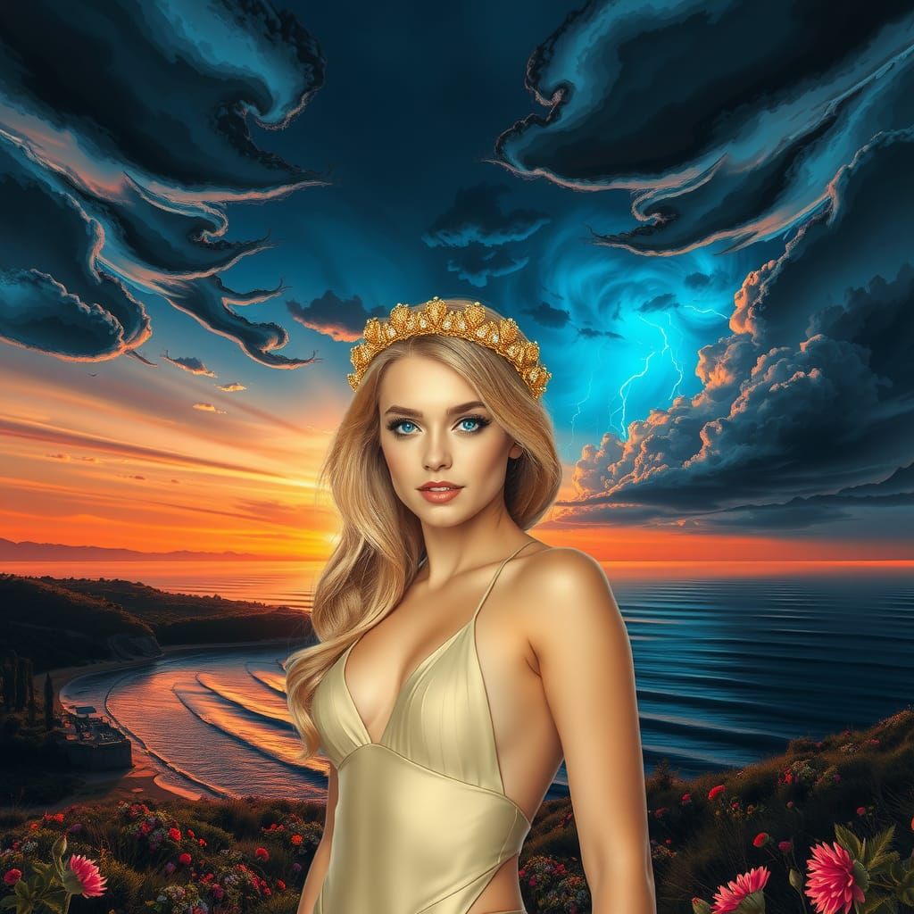 Goddess with Golden Laurel Wreath in Cyberpunk Sunset