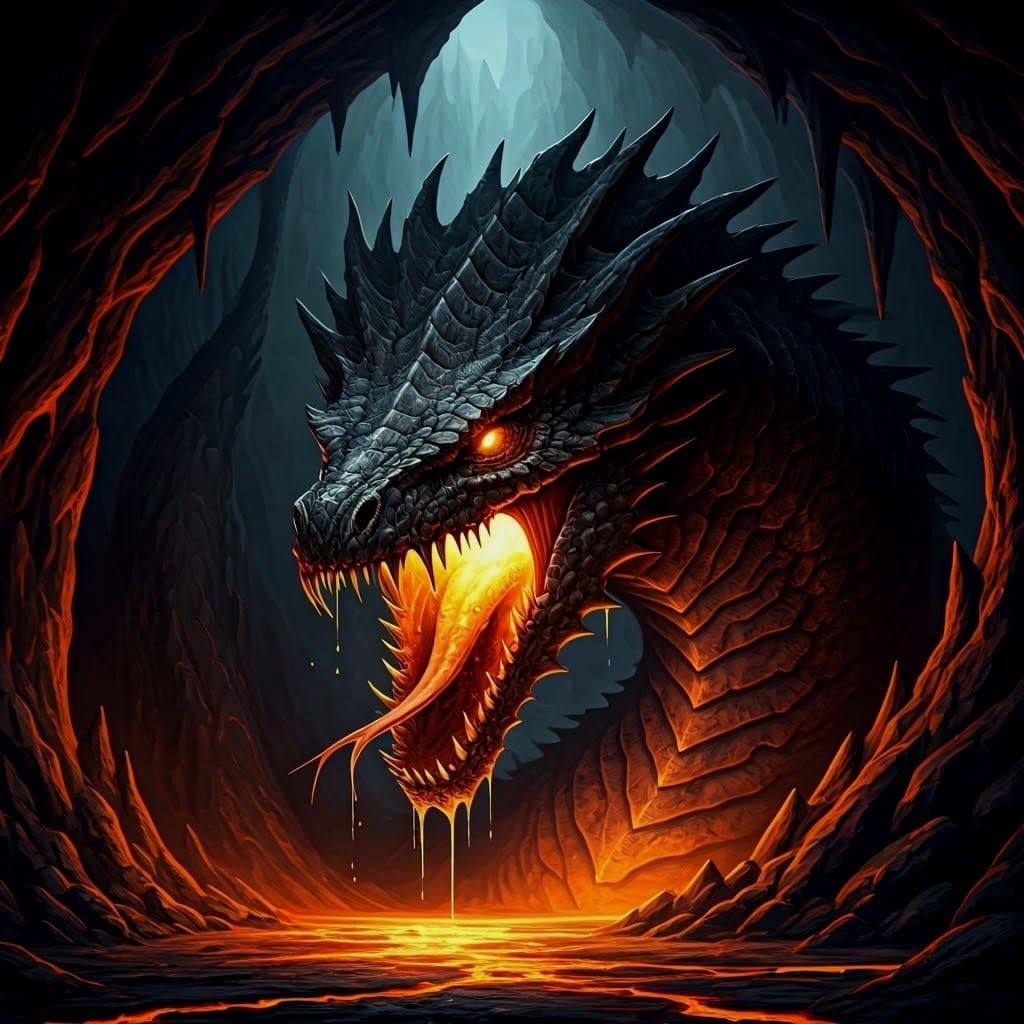 Enormous Basilisk Unfurls in Dark, Lava-Lit Abyss