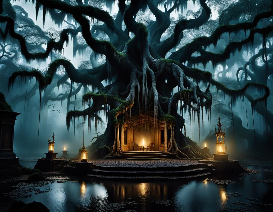 Eerie Throne Room in Misty Bayou: Surrealist Image