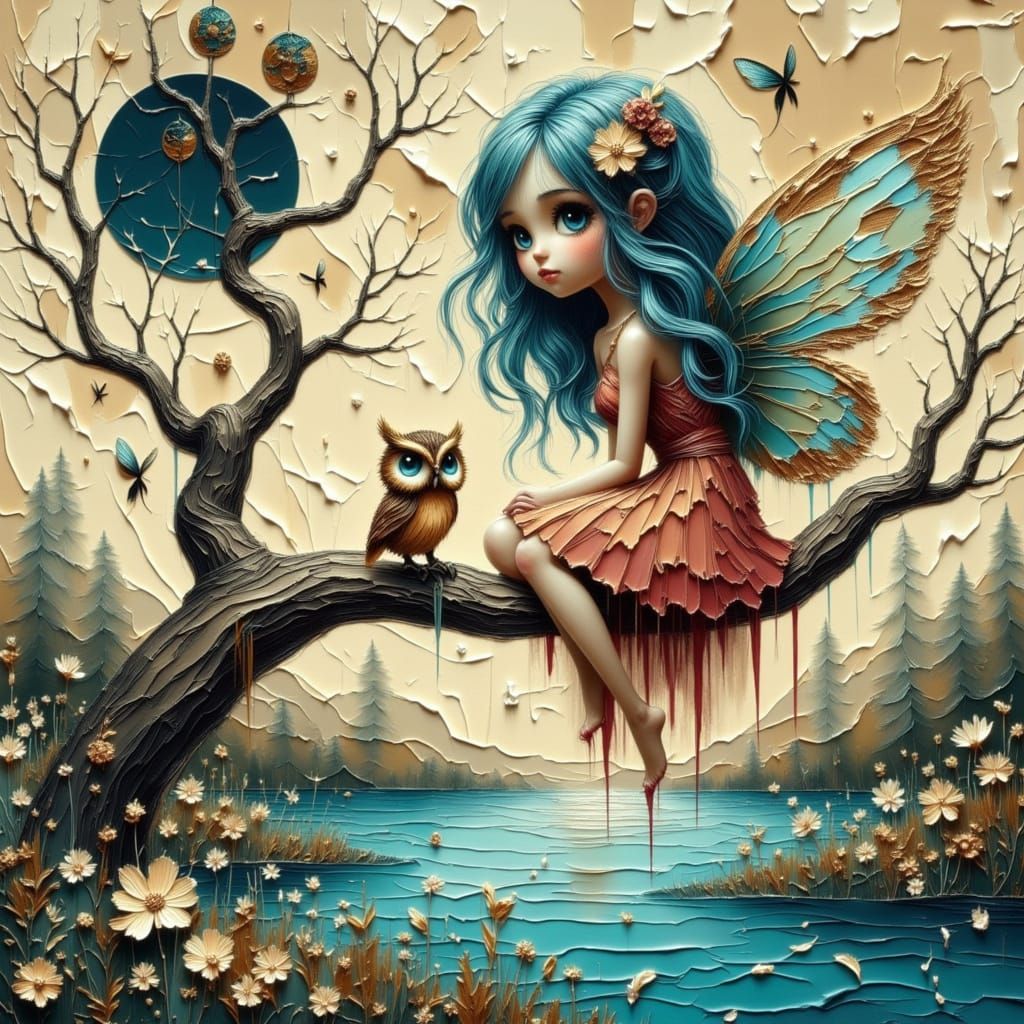 Fairy and Owl Conversation in Dreamy Landscape