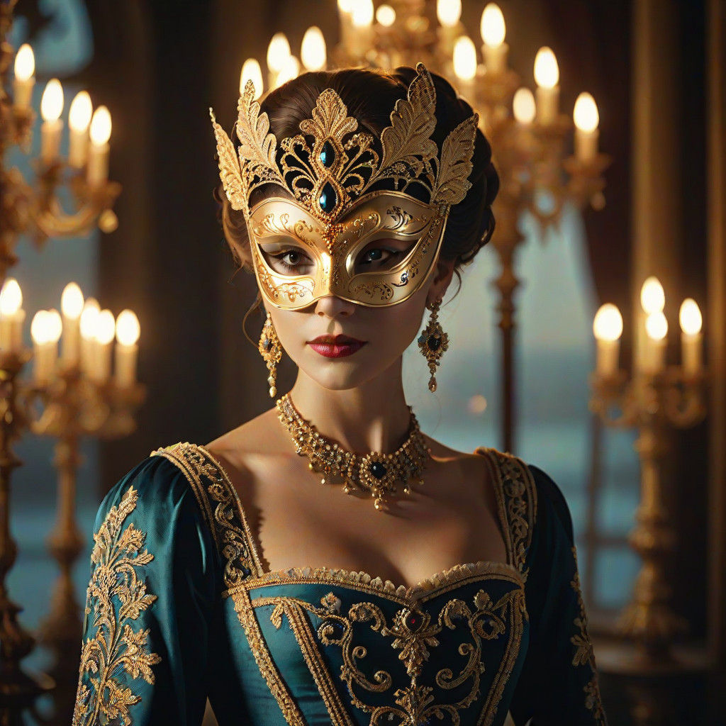 Ethereal Venetian Siren, Adorned in Opulent Mask and Silk Go...