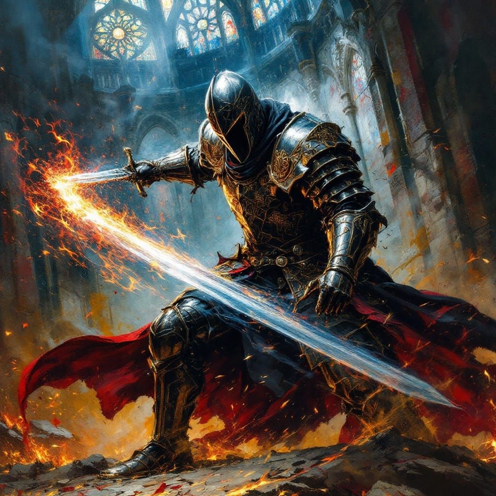 Dark Knight in Ornate Armor, Charging with Majestic Broadswo...