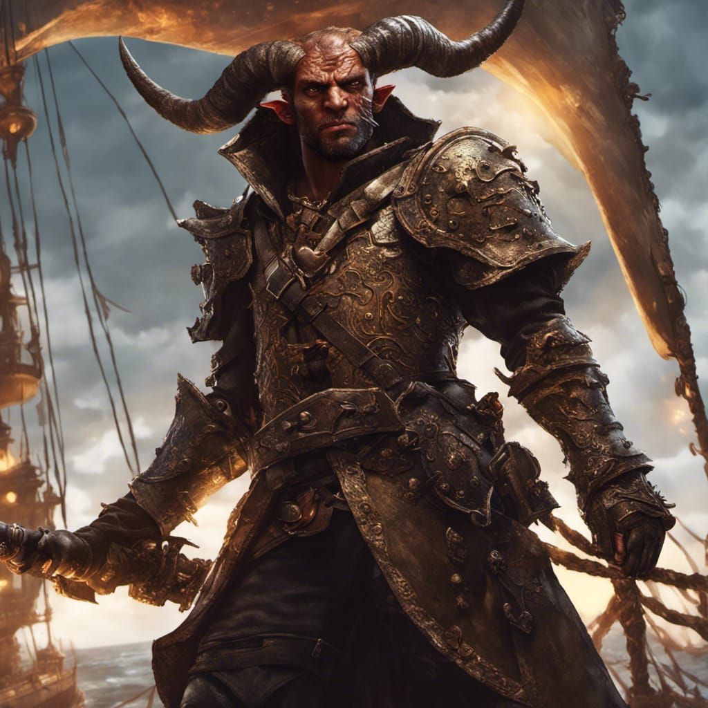 Tiefling Warrior on Pirate Ship: Dark Fantasy Art