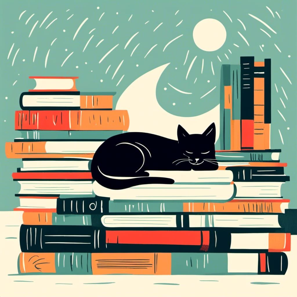 Cat Nap on Books in Mid-Century Modern Style