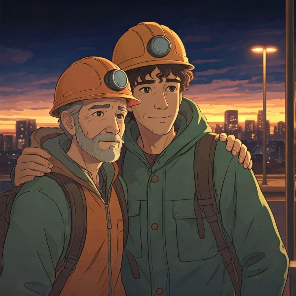 Father and Son Embrace at Dawn: Anime Style