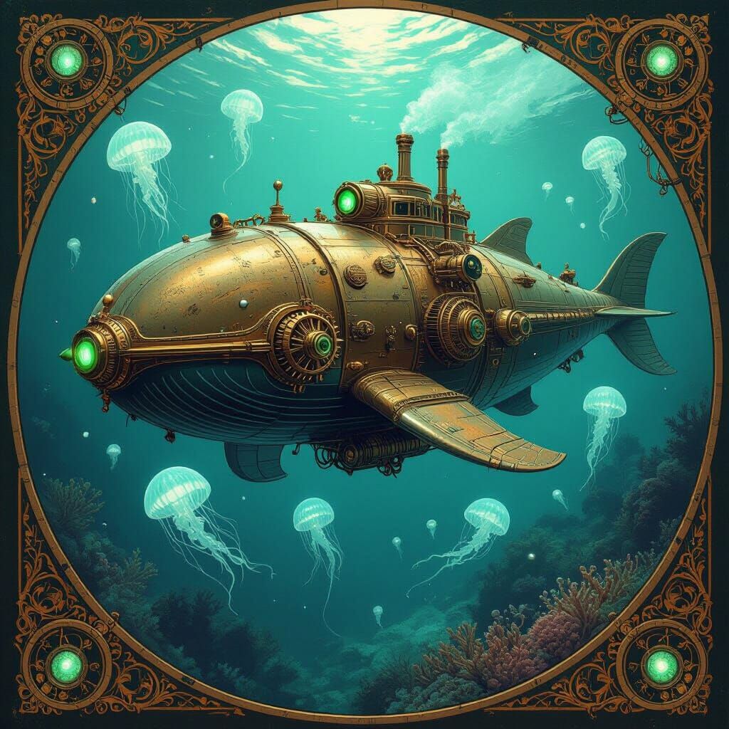 Steampunk Whale Submarine in Bioluminescent Alien Ocean