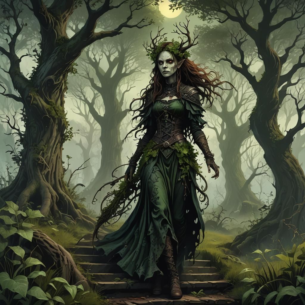 Corrupted Dryad in Gothic Glade: Digital Illustration