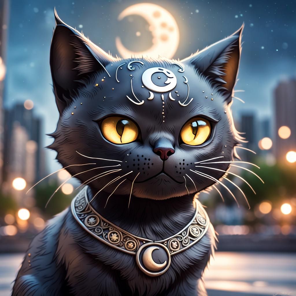 Cartoon Black Cat God in Hyperrealistic Cityscape