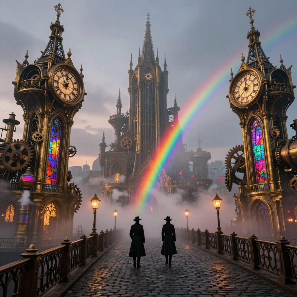 Steampunk Cityscape with Rainbow and Fog