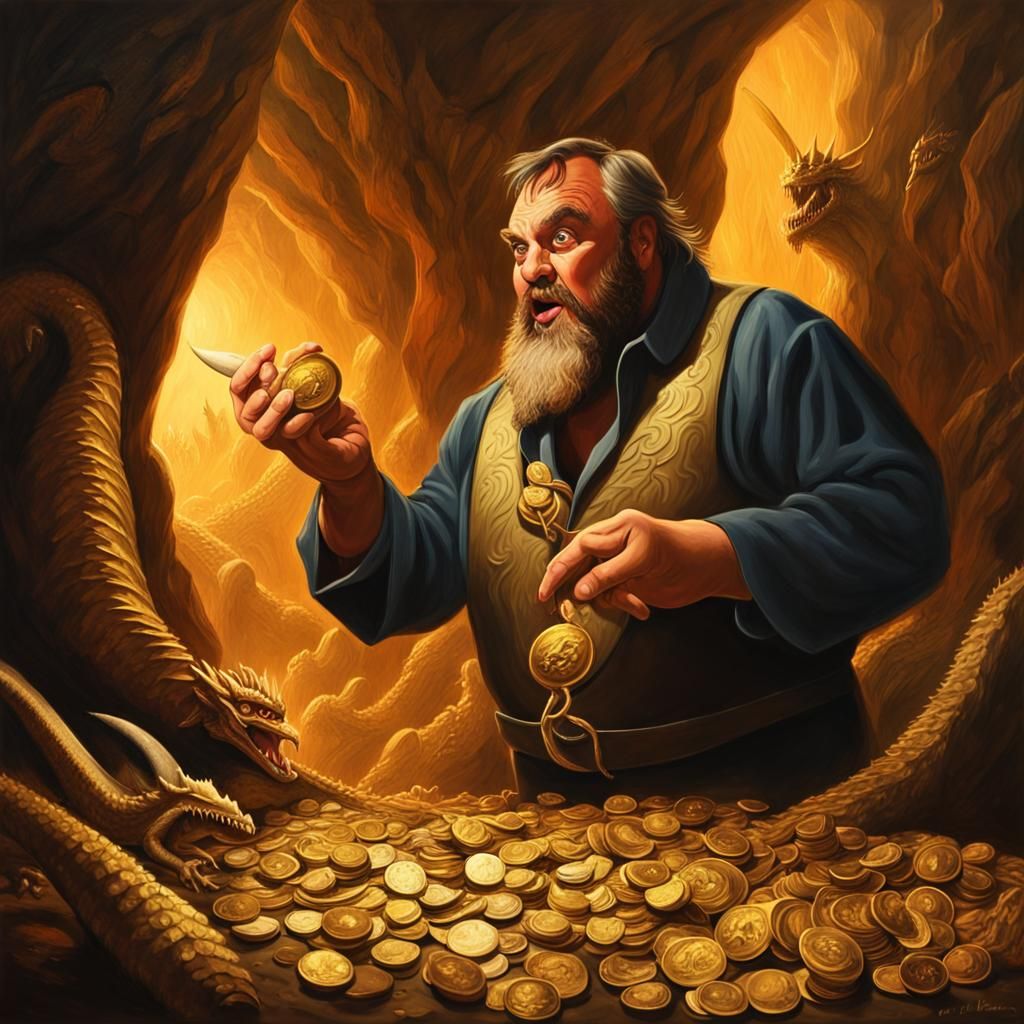 Fantasy Thief Plunders Dragon Hoard in Oil Painting