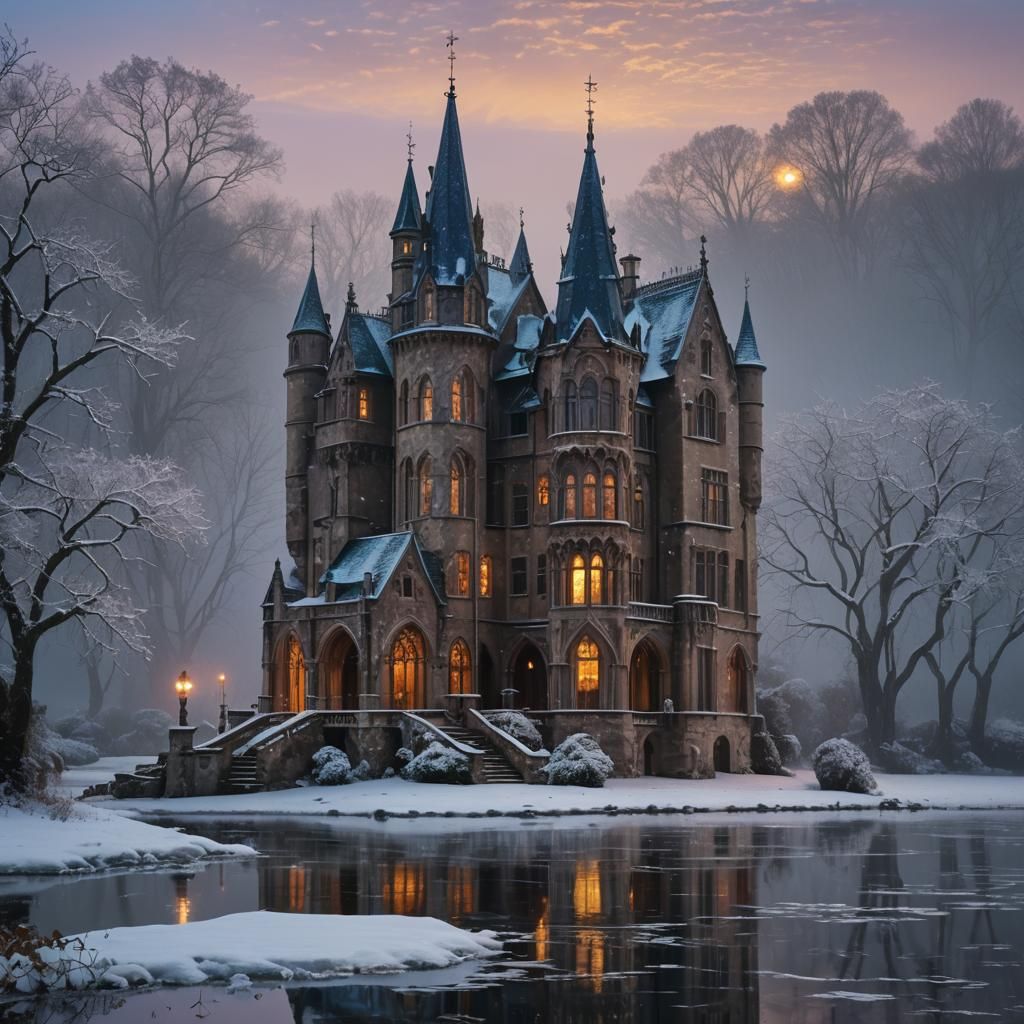 Mystical Gothic Manor on Frozen Lake at Dusk