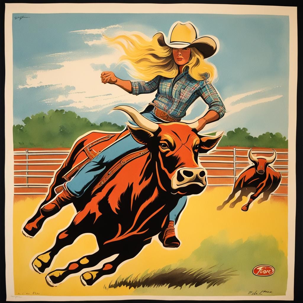 Female Bull Rider in 70s Lithograph Style
