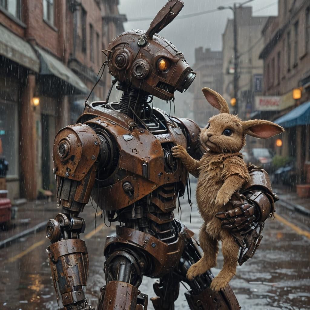 Vintage Robot Tenderly Holds Frightened Bunny in Rainy Stree...