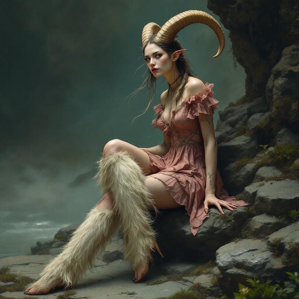 Detailed Matte Painting of a Half-Goat Woman