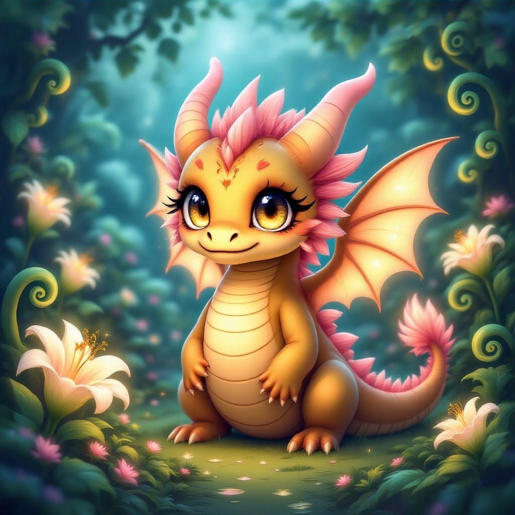 Whimsical Chibified Dragon in a Lush, Glowing Garden