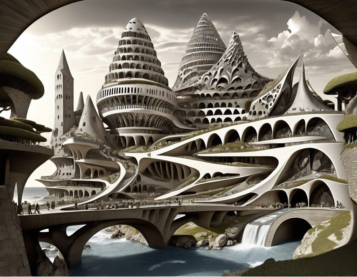 Piranesi in Medieval Manuscript Style with Surreal Buildings