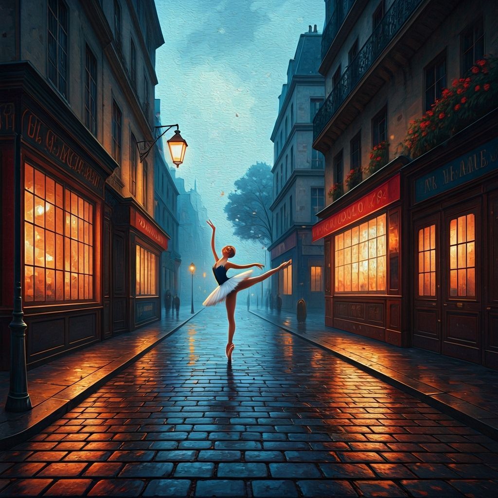 Ballet Dancer in Rainy Paris Dusk Oil Painting