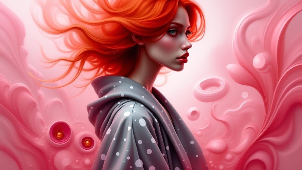 Dreamlike Strawberry Swirl: Woman with Fiery Red Hair