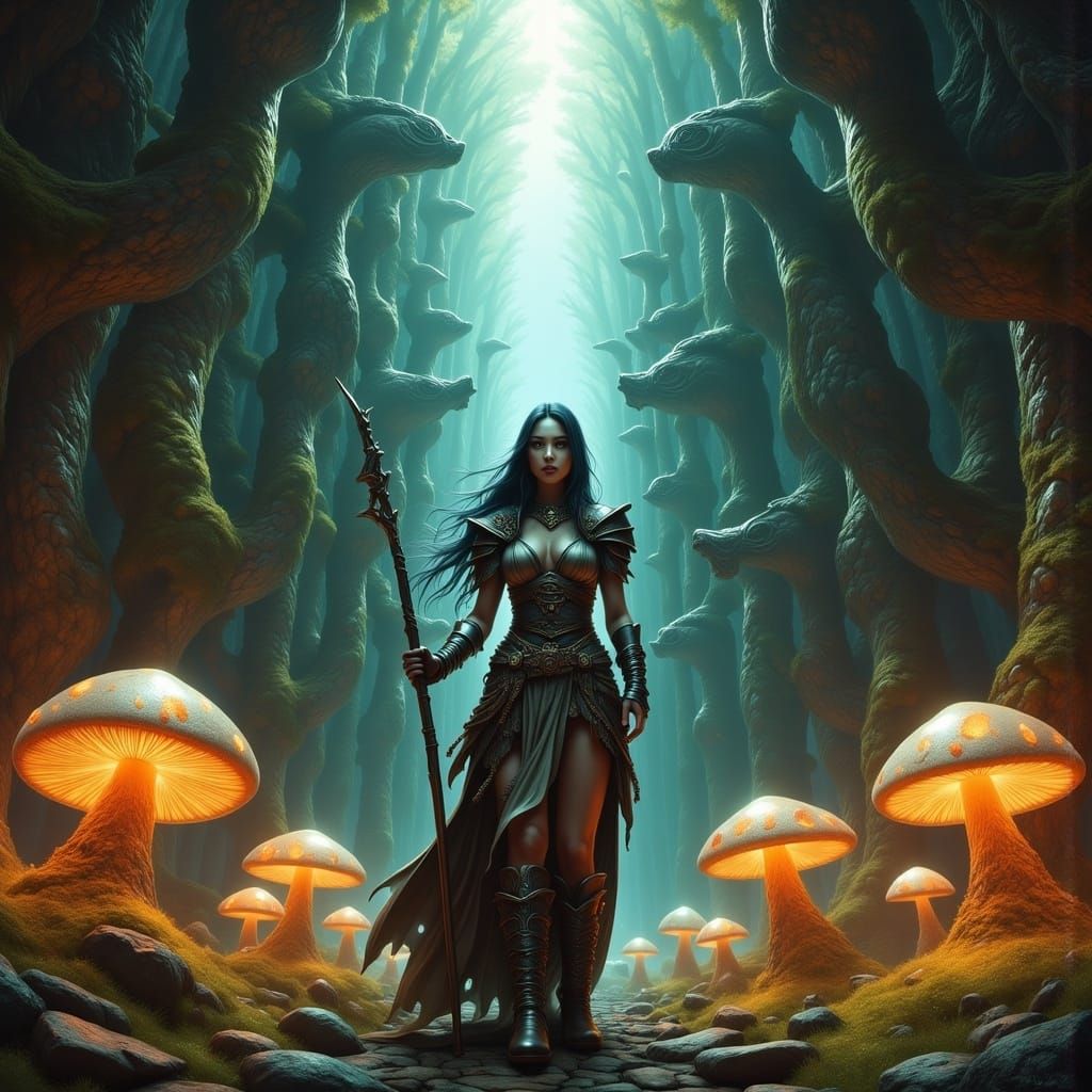 Sarah at the Labyrinth Entrance in High-Fantasy Style