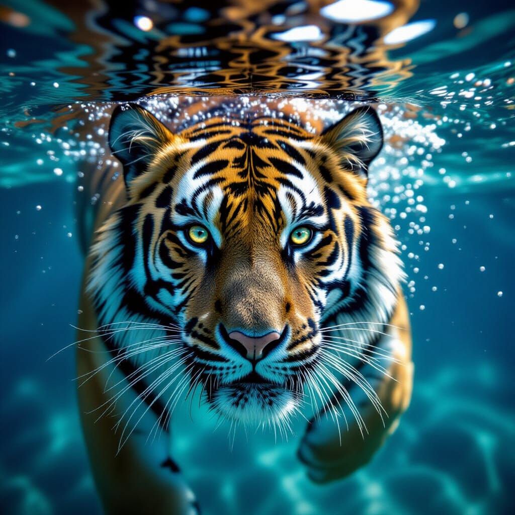 Hyper-Realistic Tiger Swims Towards Viewer Underwater