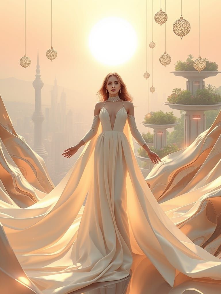 Ethereal Feminine Figure in Futuristic Skyline, Luminous Dig...