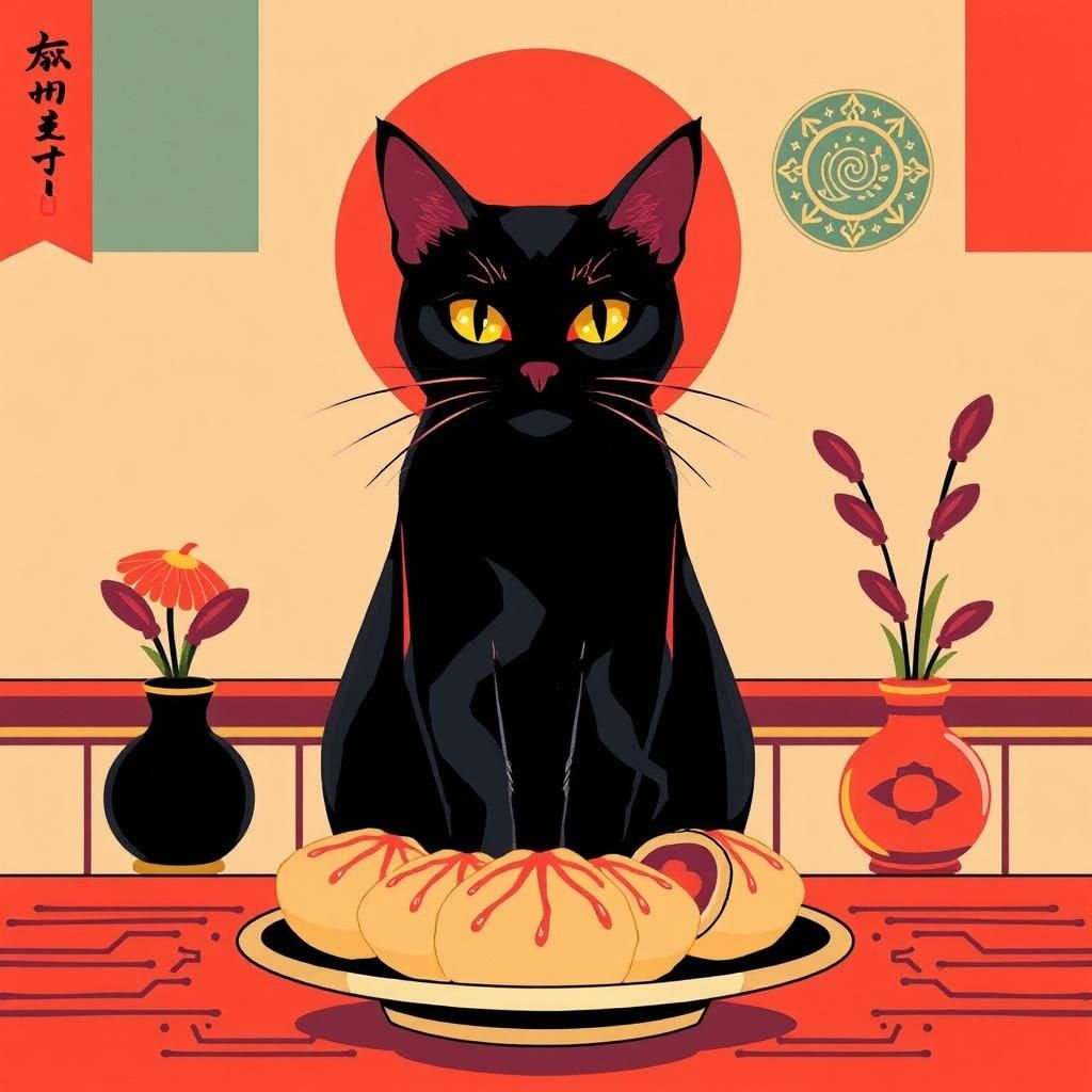 Ukiyo-e Cat Celebrates Christmas in Retro Asian Illustration