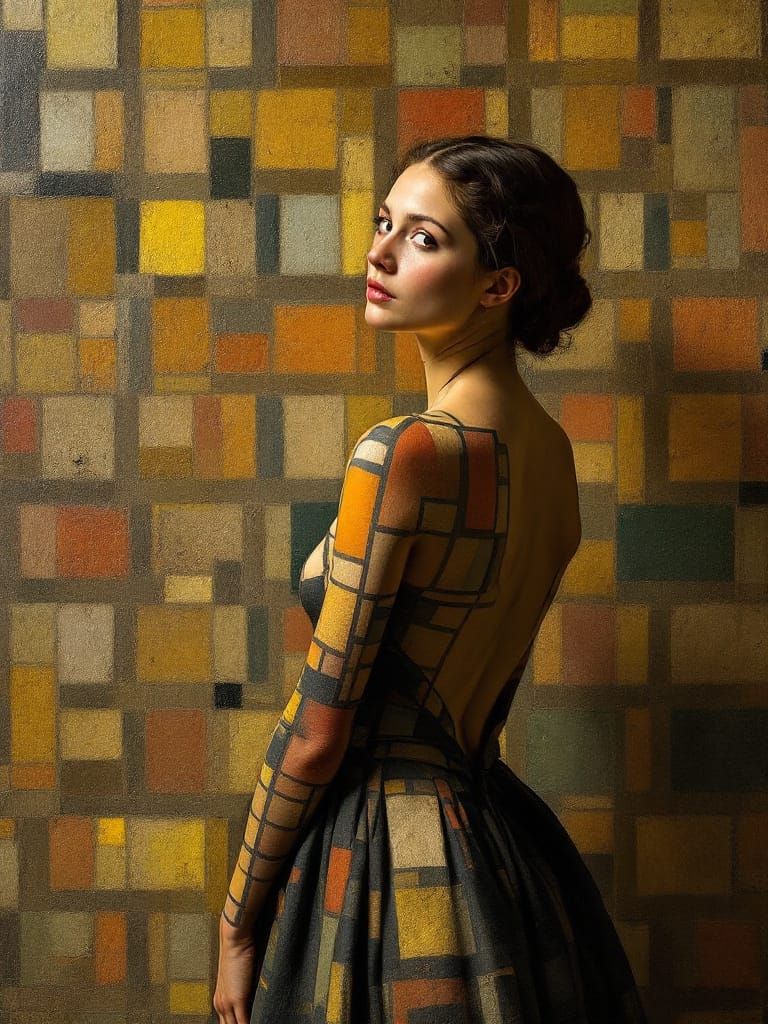 Woman Aligns With Geometric Wall Art in Dutch Golden Age Sty...