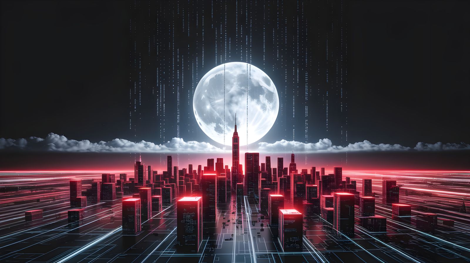 Neon Red Megacity Under White Moon: Cyberpunk Digital Art