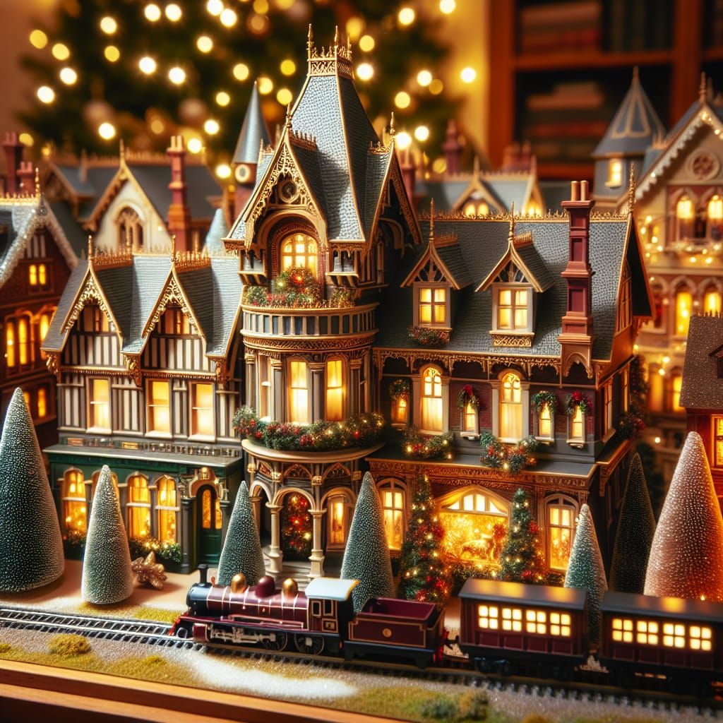 Victorian Christmas Village with Model Train