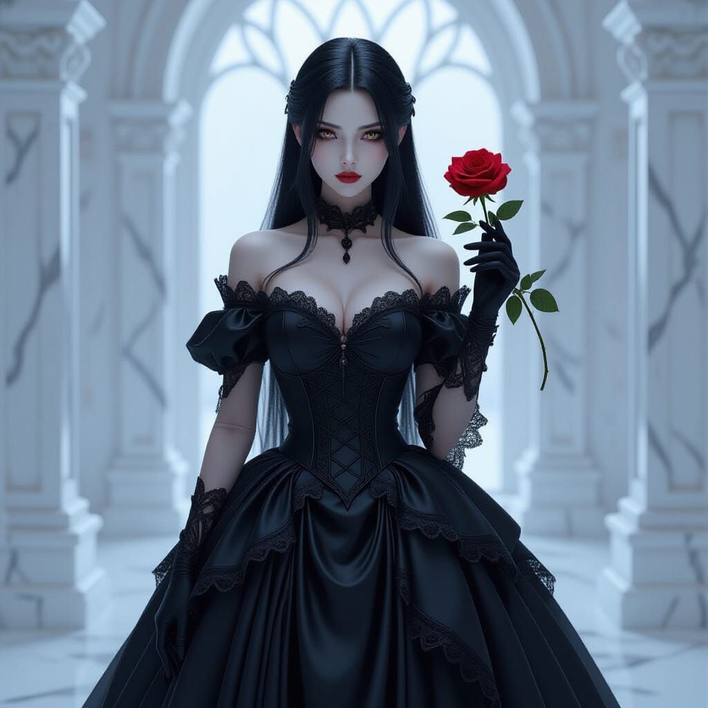 Gothic Woman with Blood Red Rose in Marble Room