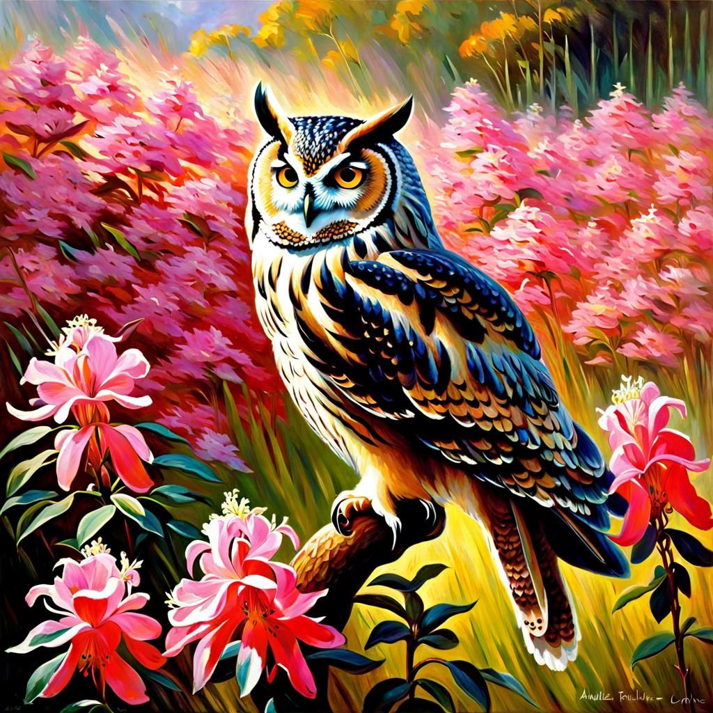 A Painting of a Horned-Owl in a Azalea Field