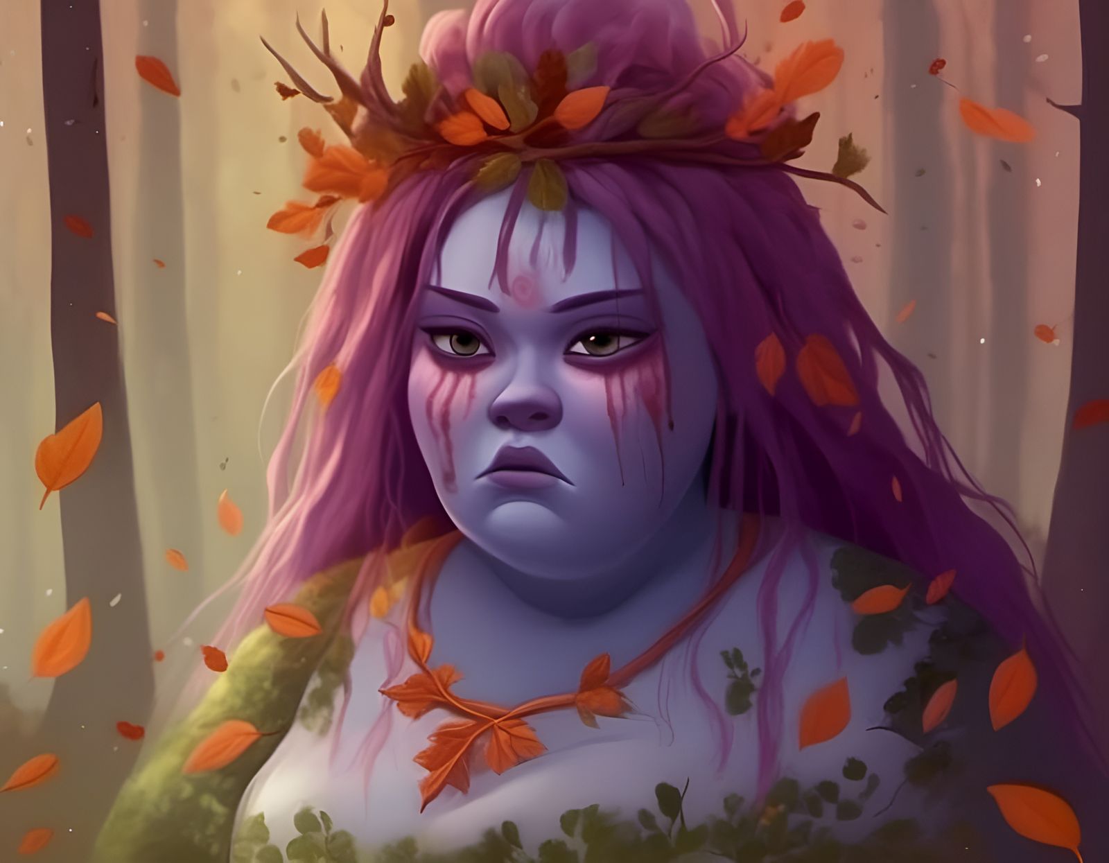Creepy Autumn Goddess Portrait in Caricature Art
