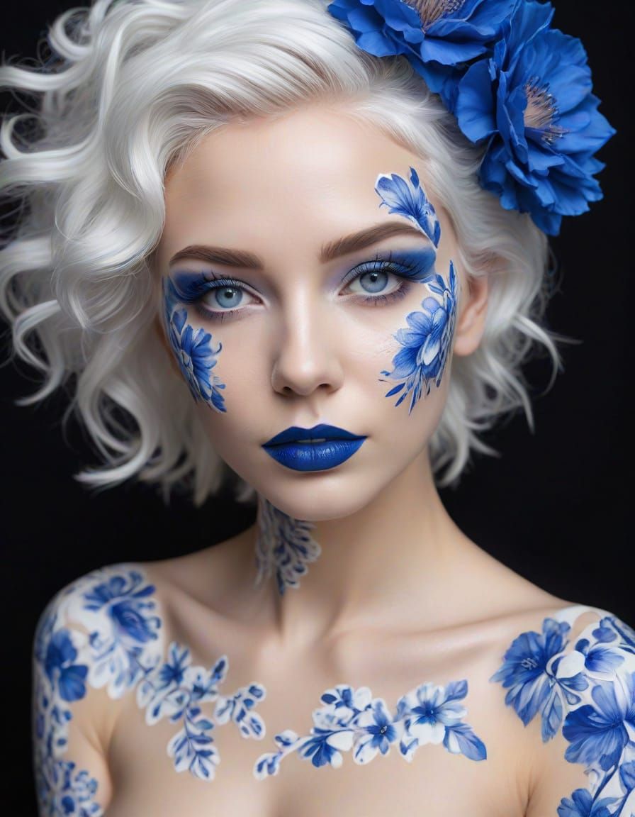 Floral Body Art Portrait in White and Blue