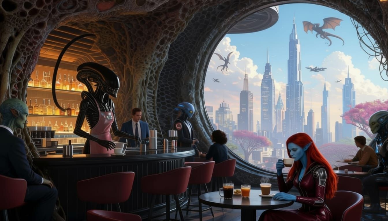 Xenomorph Cafe in a Fantastic Cityscape
