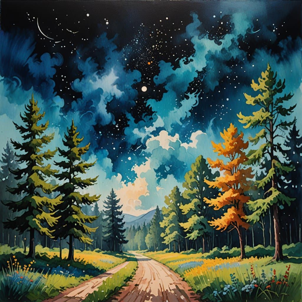 Impressionist Galaxy Painting in Gouache and Watercolor