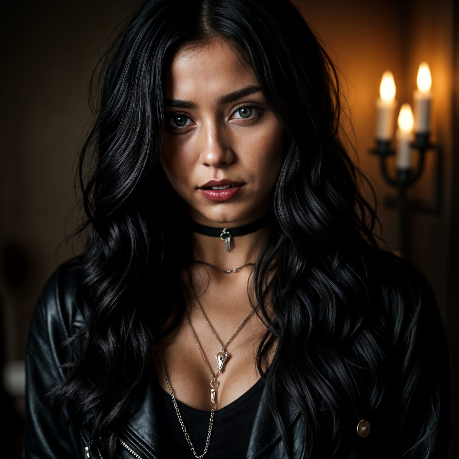 Gothic Mexican Woman in Leather, Dark Makeup