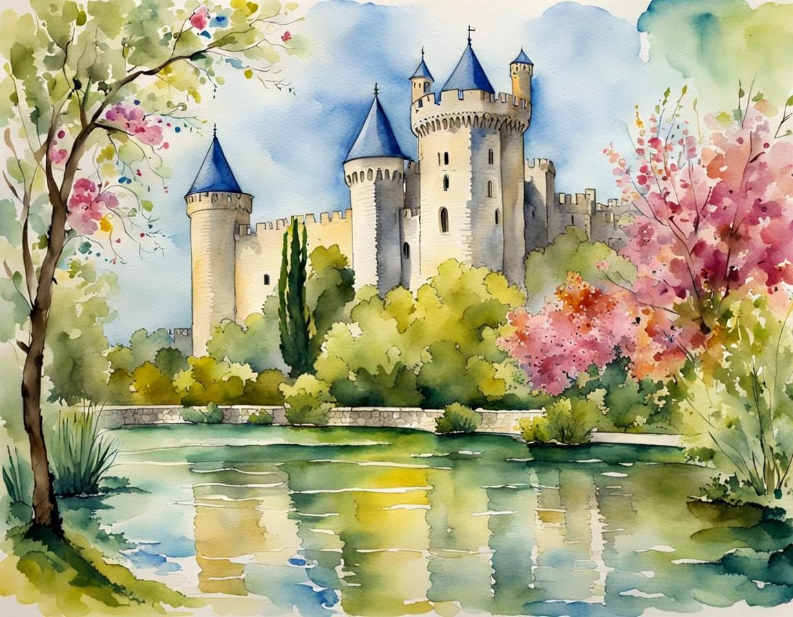Tarascon Castle in Spring: Watercolor Impression