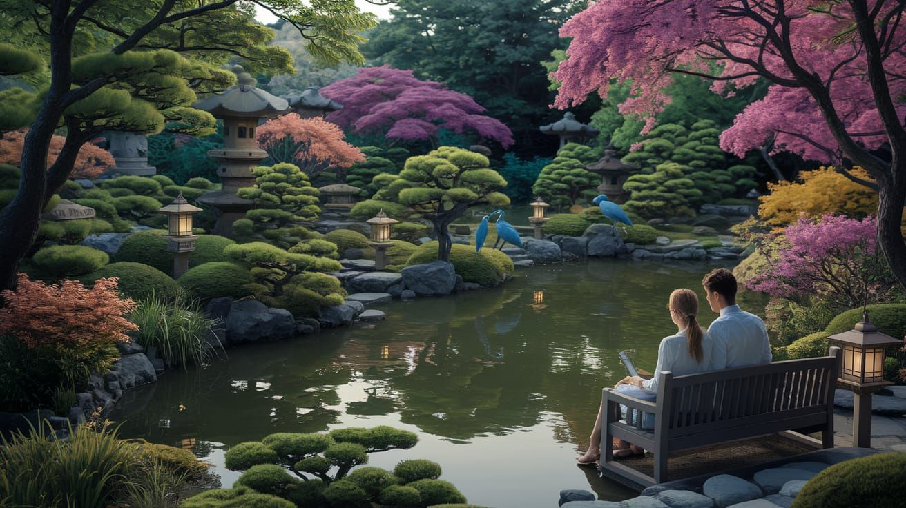 Moonlit Zen Garden with Koi Pond and Herons