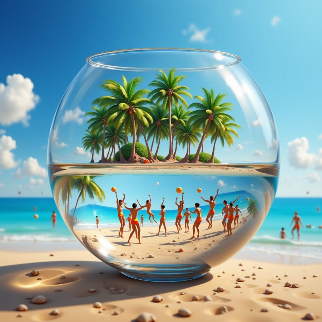 Beach Volleyball in Glass Bowl, Photo-Realistic 4K