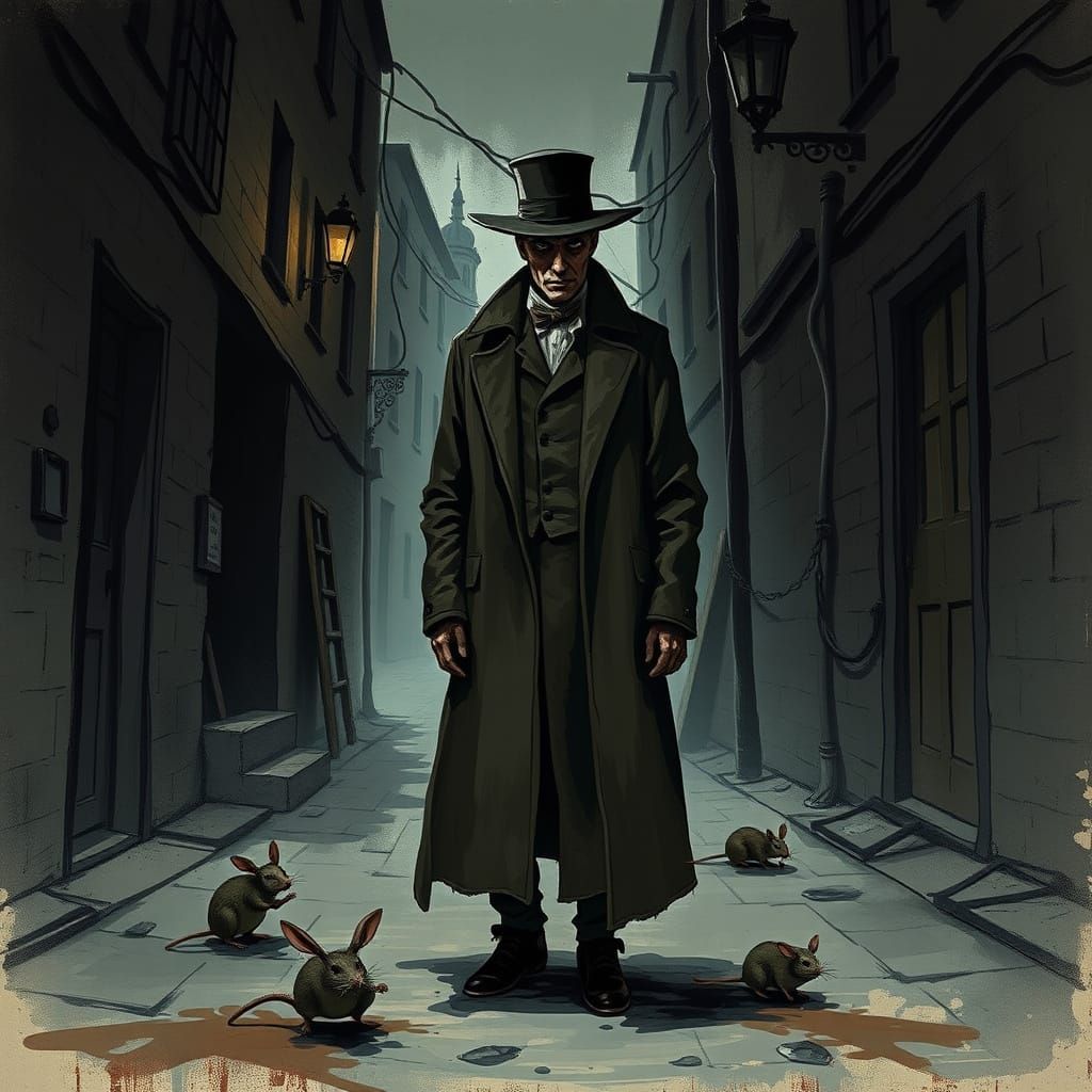Victorian Man in Gloomy Street, Expressive Art Style