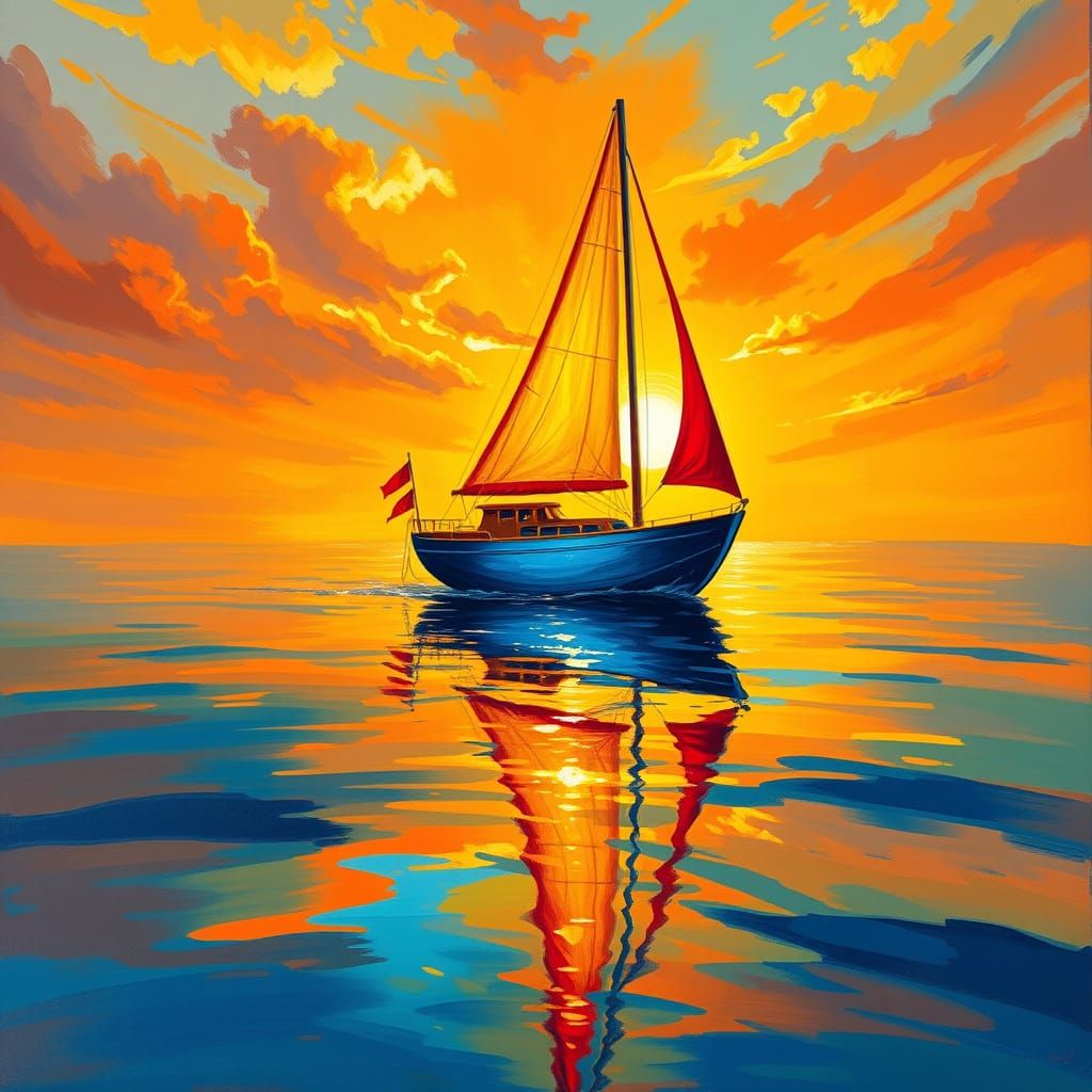 Majestic Blue Sailboat in Dreamy Impressionist Style