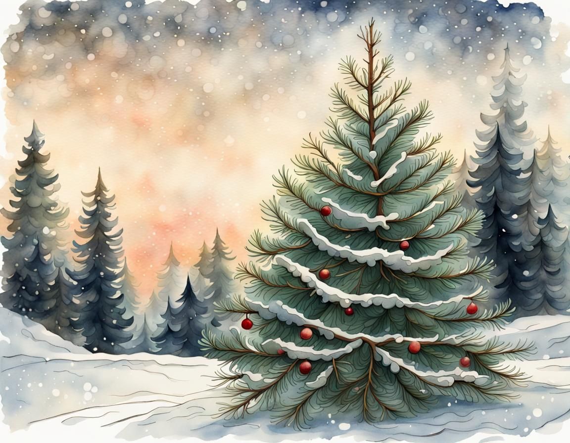 Festive Spruce Branch in Gouache Watercolor
