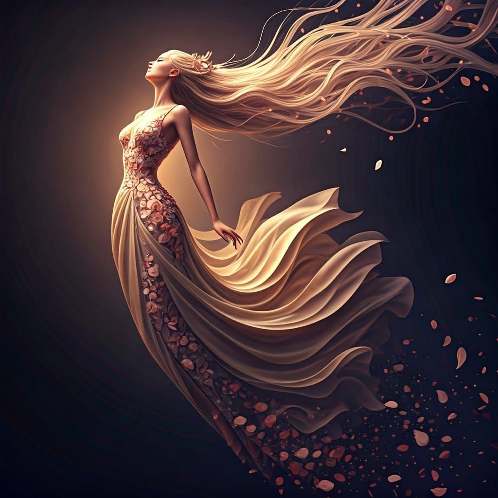 Ethereal Woman Disintegrating into Flower Petals
