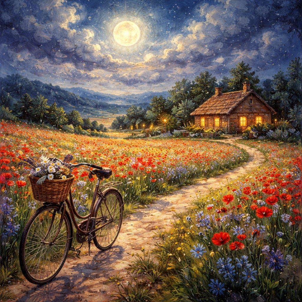 Impressionist Oil Painting of Whimsical Countryside at Night