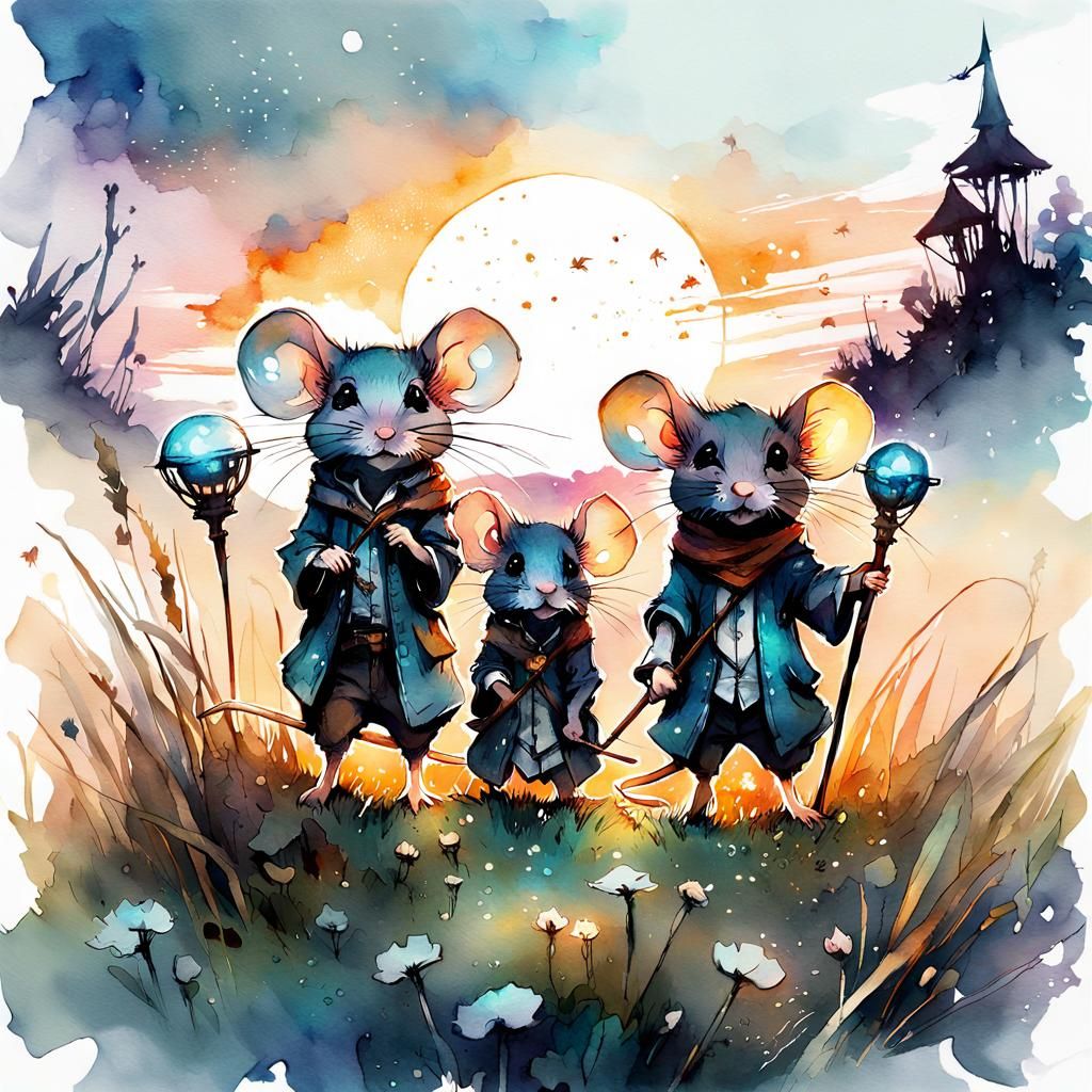 Chibi Mice Magicians in Meadow at Night